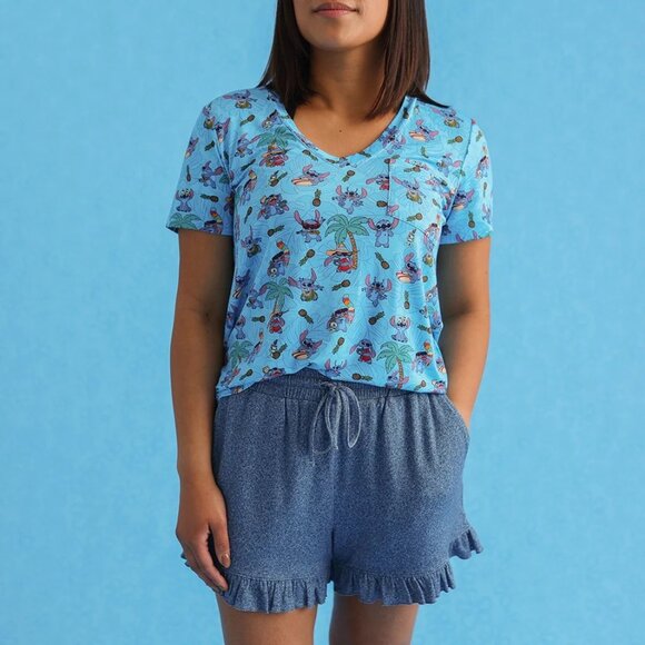 NWT Posh Peanut Women's Disney Tropical Stitch V-Neck T-Shirt Size Med - Picture 5 of 5